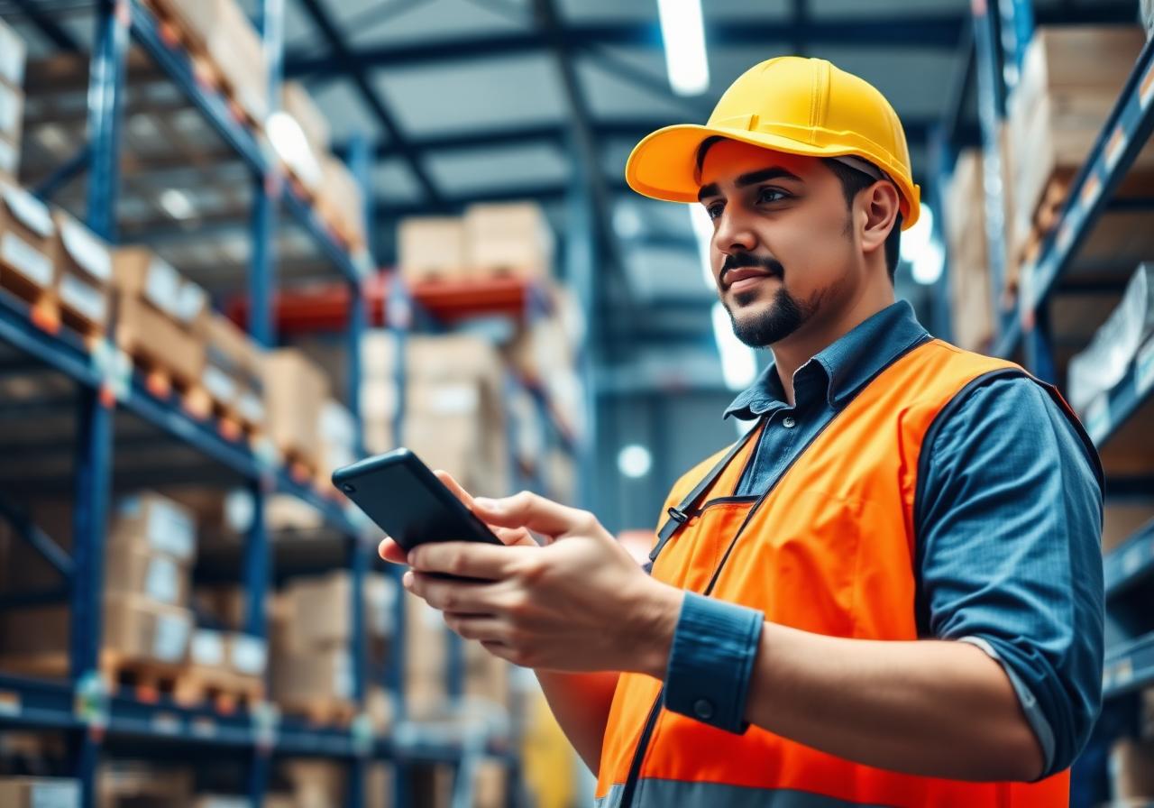 Warehouse worker using a mobile device to scan inventory